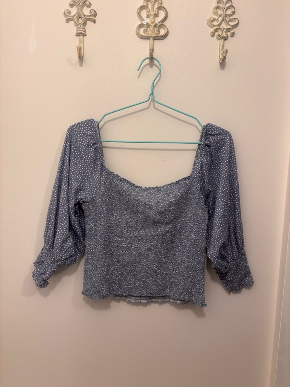 Dex Blue Smocked Square-Neck Blouse with Puff Sleeves
